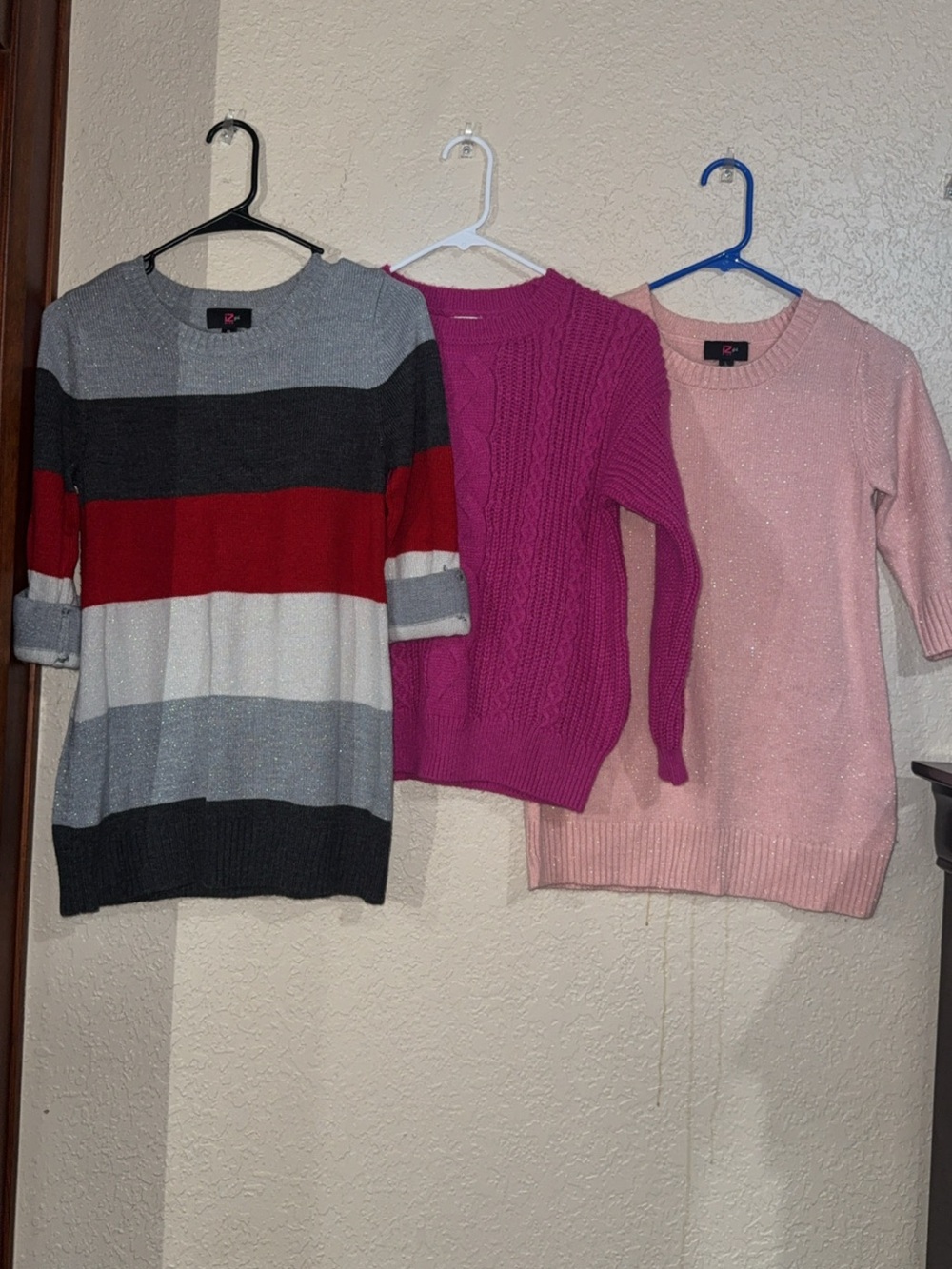 Iz Byer Women's Sweater Trio - Gray/Black/Red Stripes, Magenta Cable, Light Pink